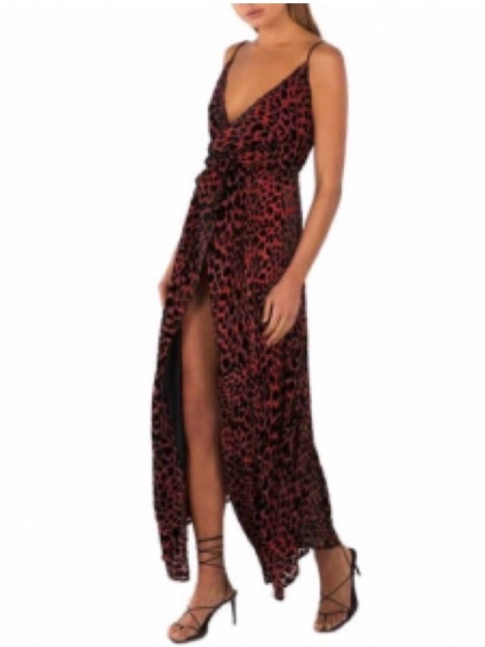 MISHA RED LEOPARD HARPA DRESS Burnout Velvet Front Slit Lined  US 10 $419.95